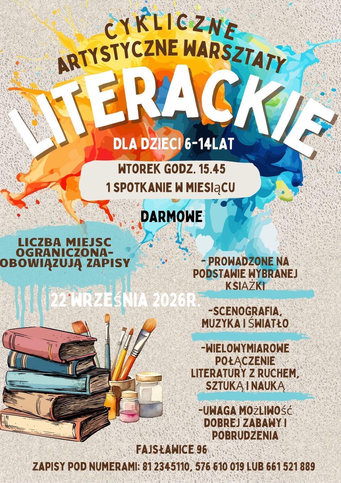 Nowe zapisy na cykliczne warsztaty literacko-artystyczne w Gminnej Bibliotece Nowe zapisy na cykliczne warsztaty literacko-artystyczne w Gminnej Bibliotece